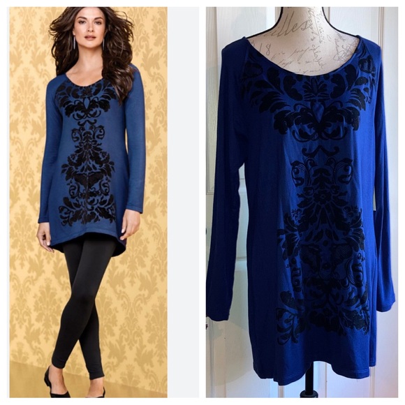 NWT Soma Tunic Longsleeve Top Divine Terry Scoopneck Fancy Scroll Blue Black L - Picture 1 of 8